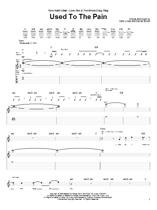 Keith Urban Used To The Pain Sheet Music Notes & Chords for Piano, Vocal & Guitar (Right-Hand Melody) - Download or Print PDF