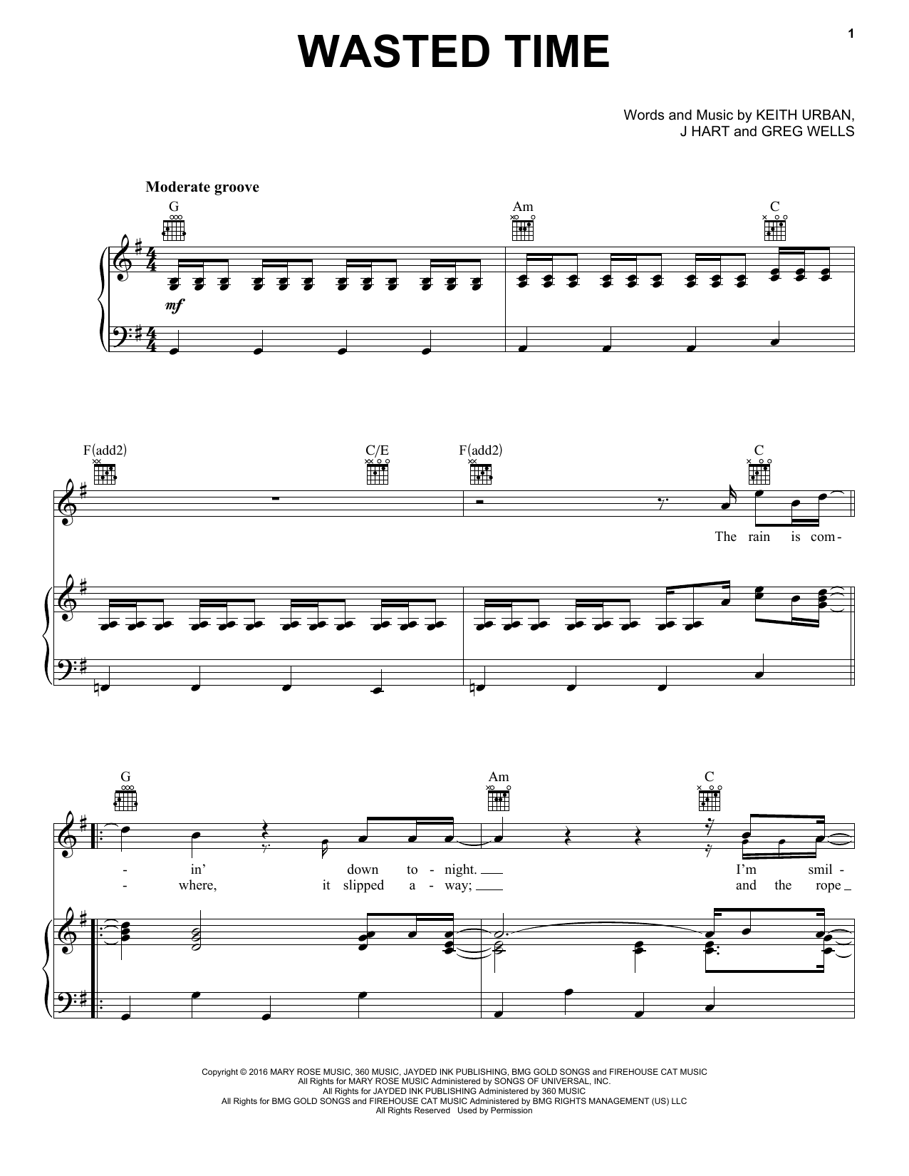 Keith Urban Wasted Time Sheet Music Notes & Chords for Piano, Vocal & Guitar (Right-Hand Melody) - Download or Print PDF
