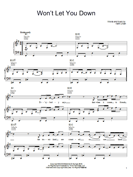 Keith Urban Won't Let You Down Sheet Music Notes & Chords for Piano, Vocal & Guitar (Right-Hand Melody) - Download or Print PDF