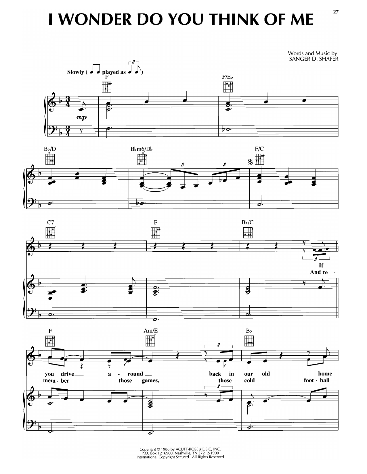 Keith Whitley I Wonder Do You Think Of Me Sheet Music Notes & Chords for Piano, Vocal & Guitar Chords (Right-Hand Melody) - Download or Print PDF