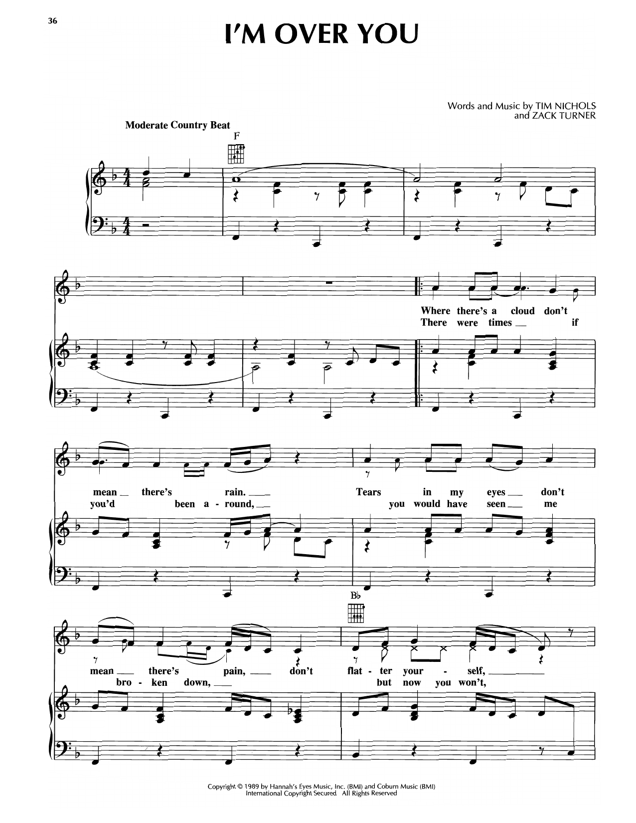 Keith Whitley I'm Over You Sheet Music Notes & Chords for Piano, Vocal & Guitar Chords (Right-Hand Melody) - Download or Print PDF