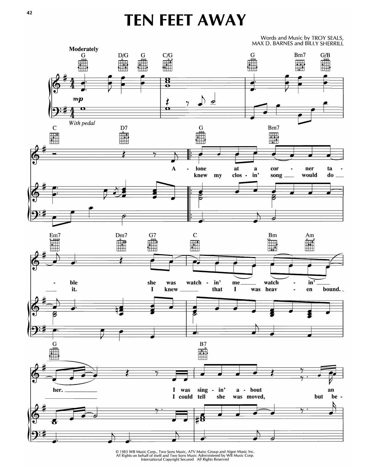Keith Whitley Ten Feet Away Sheet Music Notes & Chords for Piano, Vocal & Guitar Chords (Right-Hand Melody) - Download or Print PDF