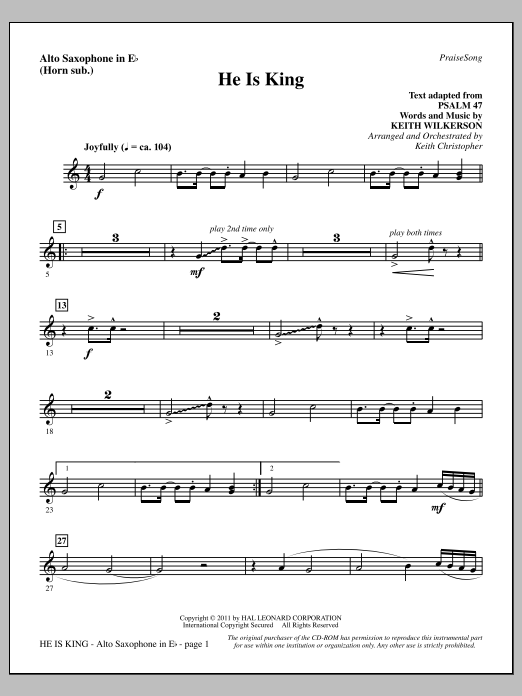 Keith Wilkerson He Is King - Alto Sax (sub. Horn) Sheet Music Notes & Chords for Choir Instrumental Pak - Download or Print PDF