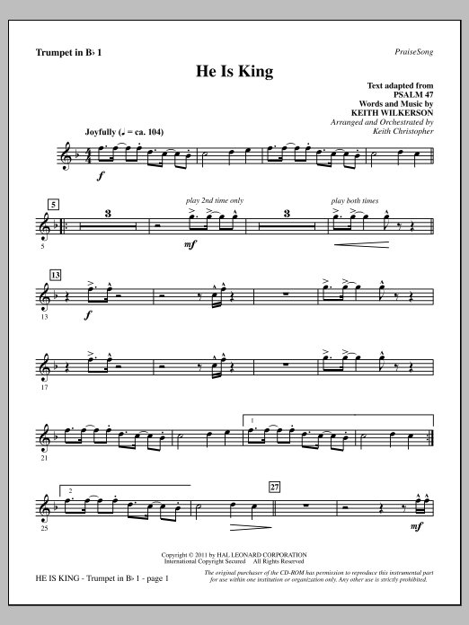 Keith Wilkerson He Is King - Bb Trumpet 1 Sheet Music Notes & Chords for Choir Instrumental Pak - Download or Print PDF