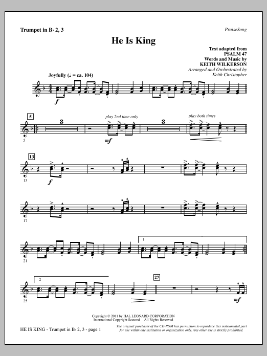 Keith Wilkerson He Is King - Bb Trumpet 2,3 Sheet Music Notes & Chords for Choir Instrumental Pak - Download or Print PDF