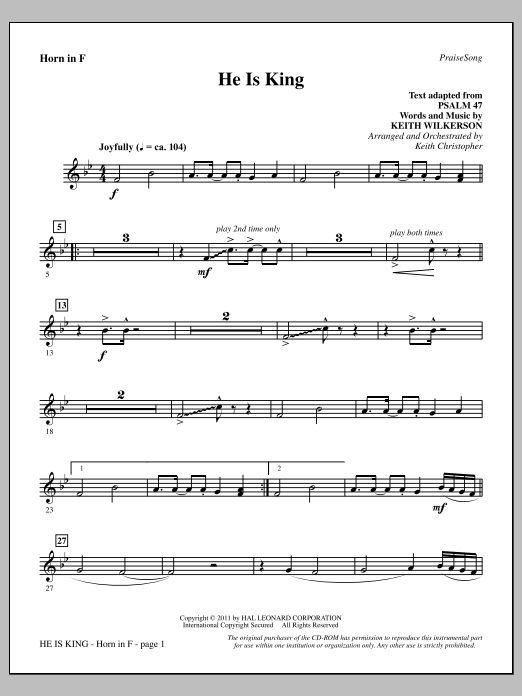 Keith Wilkerson He Is King - F Horn Sheet Music Notes & Chords for Choir Instrumental Pak - Download or Print PDF