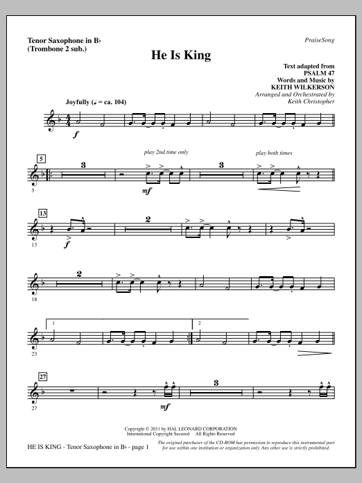 Keith Wilkerson He Is King - Tenor Sax (sub. Tbn 2) Sheet Music Notes & Chords for Choir Instrumental Pak - Download or Print PDF