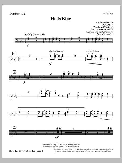 Keith Wilkerson He Is King - Trombone 1 & 2 Sheet Music Notes & Chords for Choir Instrumental Pak - Download or Print PDF