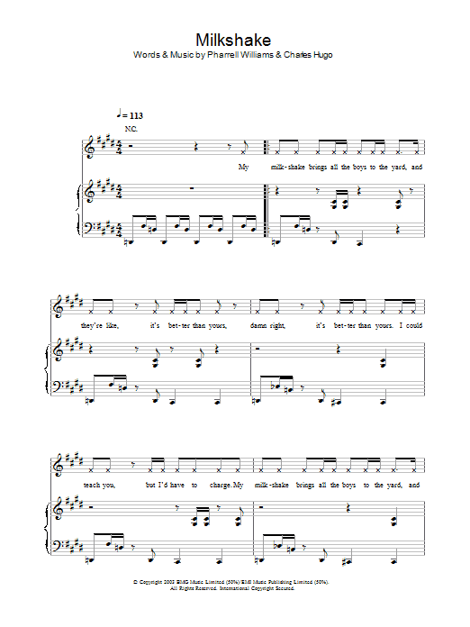 Kelis Milkshake Sheet Music Notes & Chords for Piano, Vocal & Guitar - Download or Print PDF