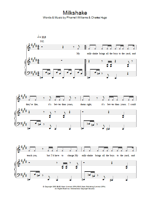 Kelis Milkshake Sheet Music Notes & Chords for Piano, Vocal & Guitar (Right-Hand Melody) - Download or Print PDF