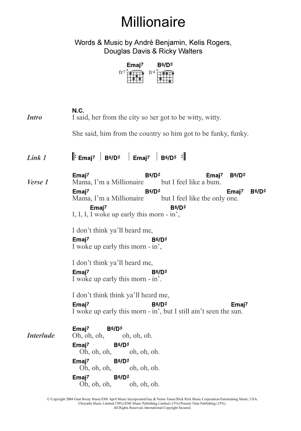 Kelis Millionaire (featuring Andre 3000) Sheet Music Notes & Chords for Guitar Chords/Lyrics - Download or Print PDF