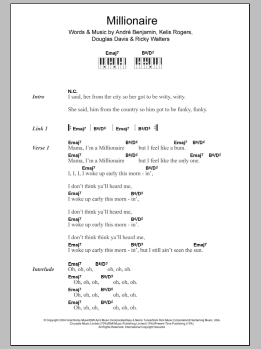 Kelis Millionaire Sheet Music Notes & Chords for Lyrics & Piano Chords - Download or Print PDF