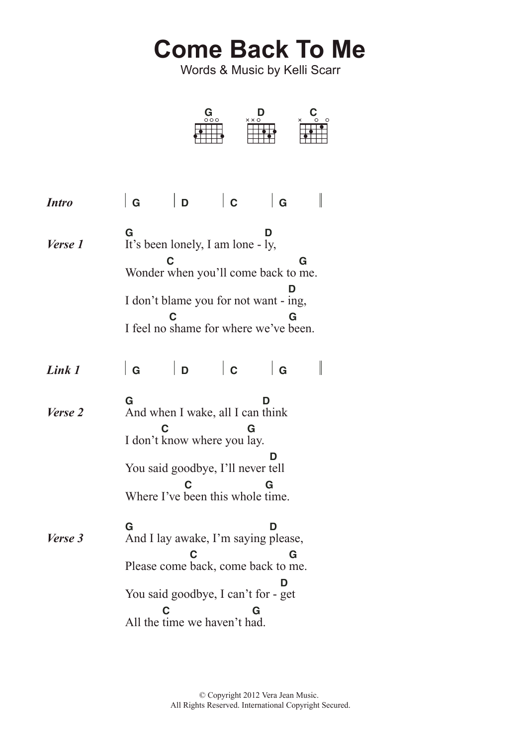 Kelli Scarr Come Back To Me Sheet Music Notes & Chords for Lyrics & Chords - Download or Print PDF