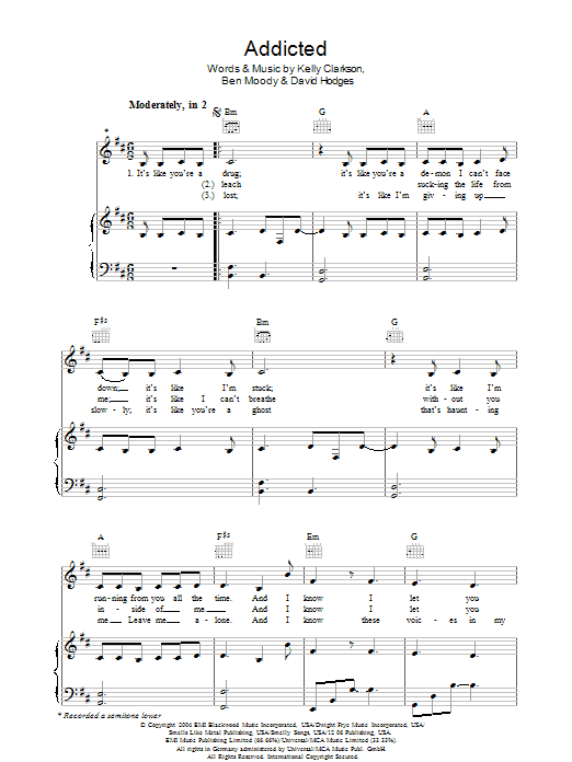 Kelly Clarkson Addicted Sheet Music Notes & Chords for Piano, Vocal & Guitar (Right-Hand Melody) - Download or Print PDF