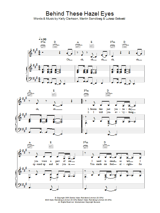 Kelly Clarkson Behind These Hazel Eyes Sheet Music Notes & Chords for Piano, Vocal & Guitar (Right-Hand Melody) - Download or Print PDF