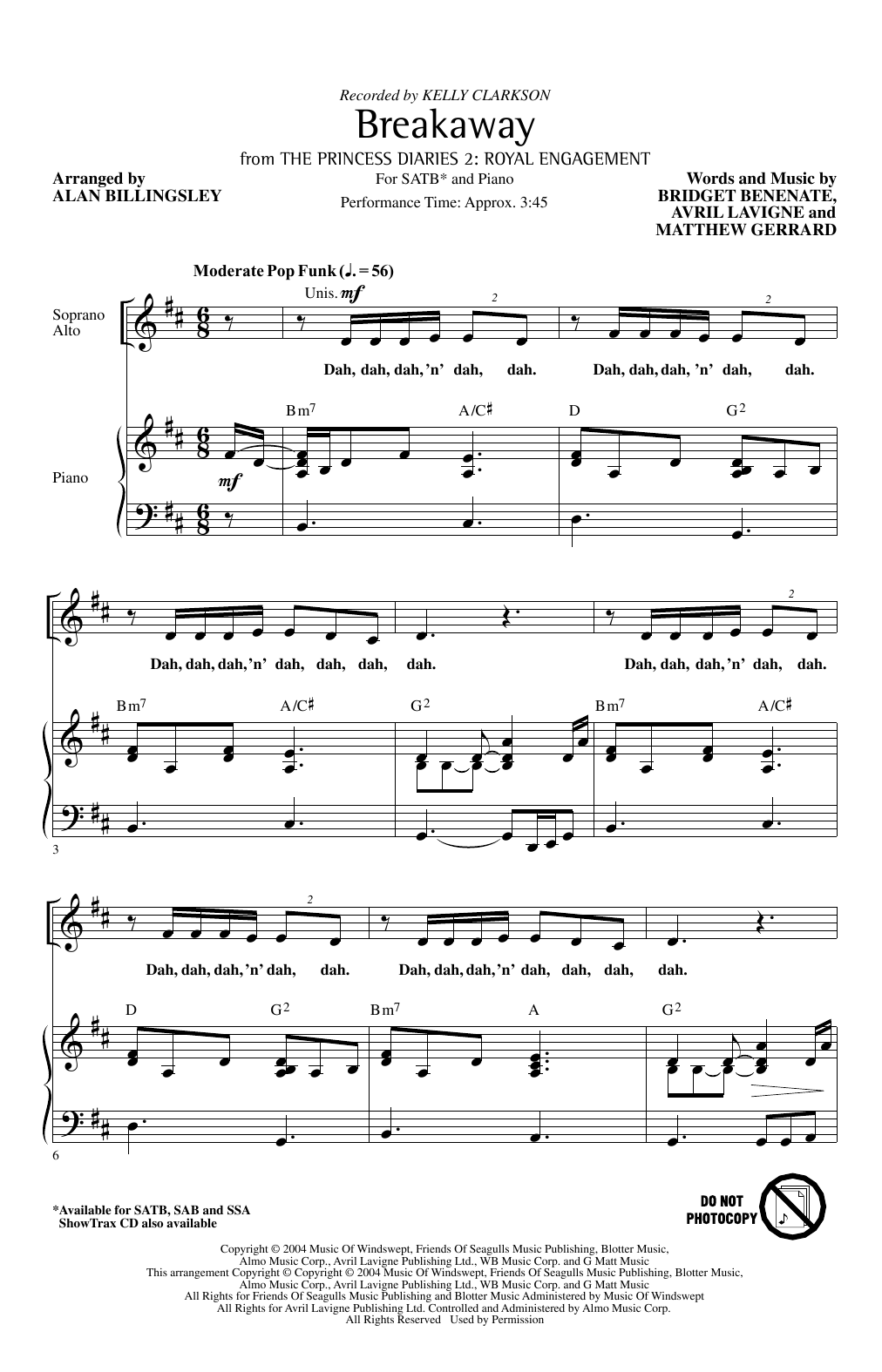 Kelly Clarkson Breakaway (arr. Alan Billingsley) Sheet Music Notes & Chords for SAB Choir - Download or Print PDF