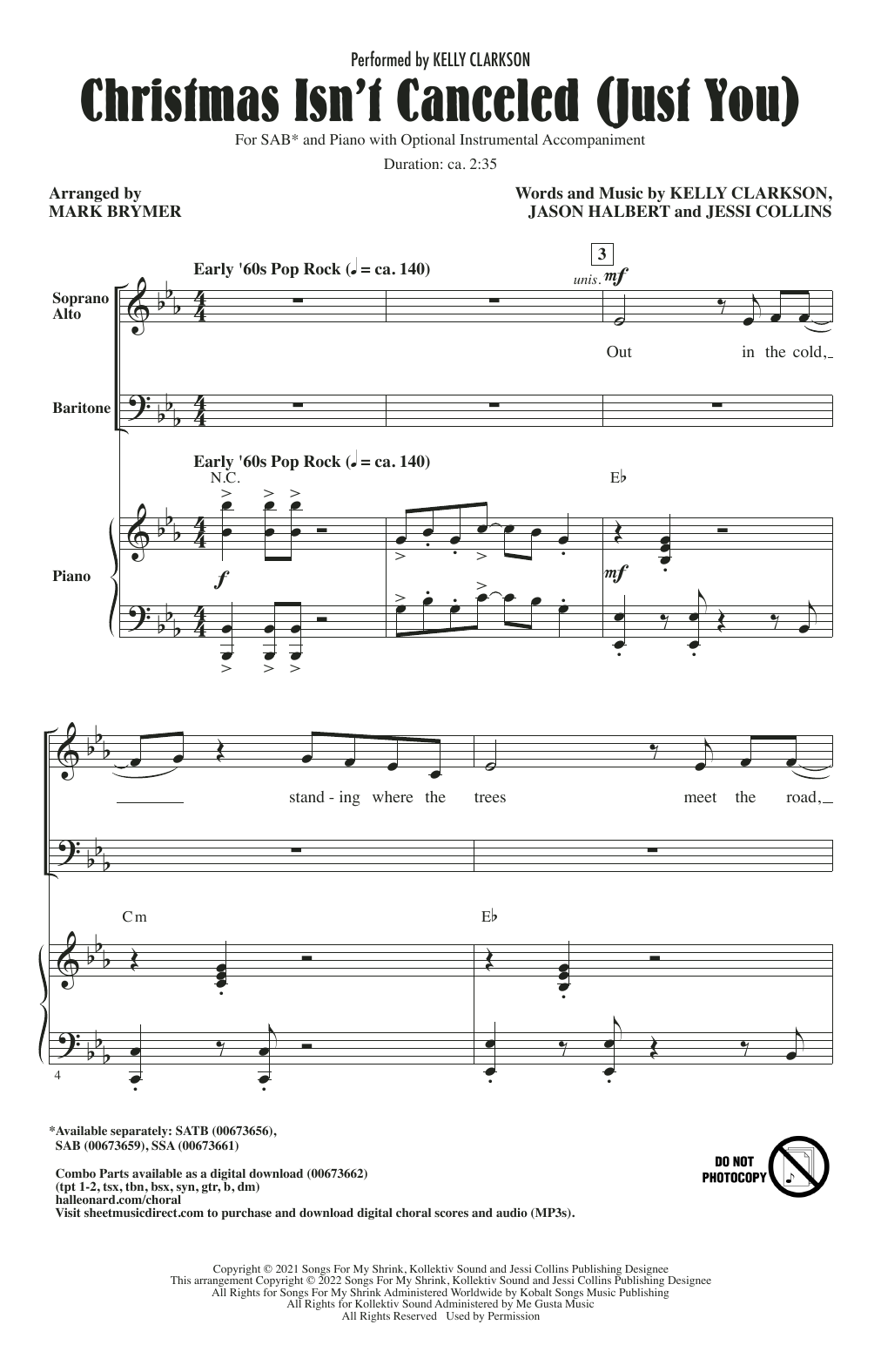 Kelly Clarkson Christmas Isn't Canceled (Just You) (arr. Mark Brymer) Sheet Music Notes & Chords for SAB Choir - Download or Print PDF