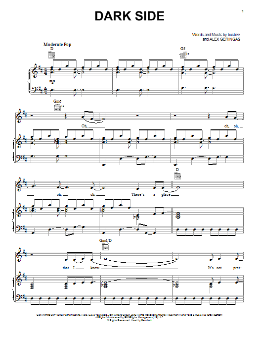 Kelly Clarkson Dark Side Sheet Music Notes & Chords for Piano, Vocal & Guitar (Right-Hand Melody) - Download or Print PDF
