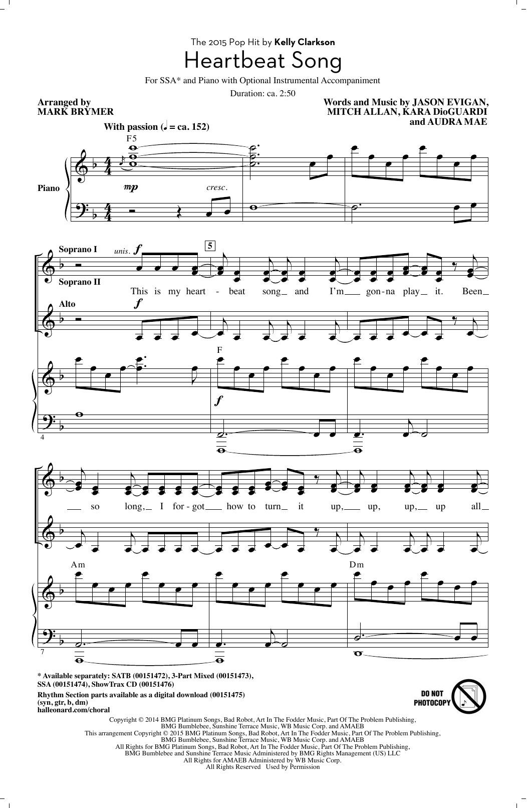 Kelly Clarkson Heartbeat Song (arr. Mark Brymer) Sheet Music Notes & Chords for SSA - Download or Print PDF