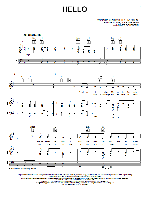 Kelly Clarkson Hello Sheet Music Notes & Chords for Piano, Vocal & Guitar (Right-Hand Melody) - Download or Print PDF