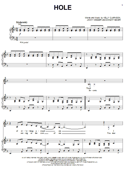 Kelly Clarkson Hole Sheet Music Notes & Chords for Piano, Vocal & Guitar (Right-Hand Melody) - Download or Print PDF