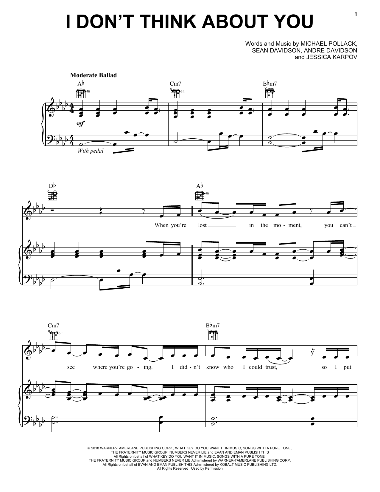 Kelly Clarkson I Don't Think About You Sheet Music Notes & Chords for Piano, Vocal & Guitar (Right-Hand Melody) - Download or Print PDF