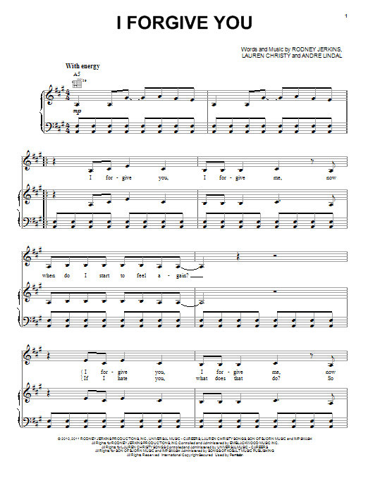 Kelly Clarkson I Forgive You Sheet Music Notes & Chords for Piano, Vocal & Guitar (Right-Hand Melody) - Download or Print PDF