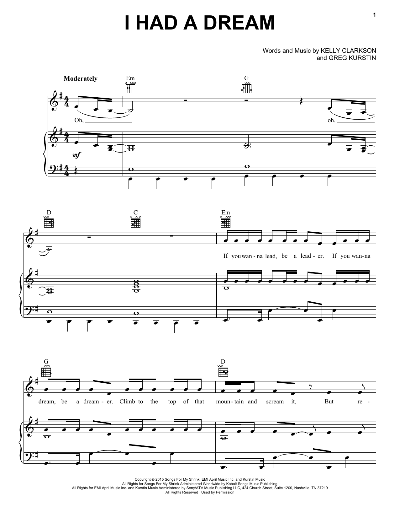 Kelly Clarkson I Had A Dream Sheet Music Notes & Chords for Piano, Vocal & Guitar (Right-Hand Melody) - Download or Print PDF