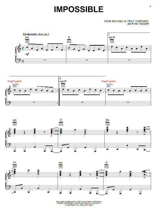 Kelly Clarkson Impossible Sheet Music Notes & Chords for Piano, Vocal & Guitar (Right-Hand Melody) - Download or Print PDF