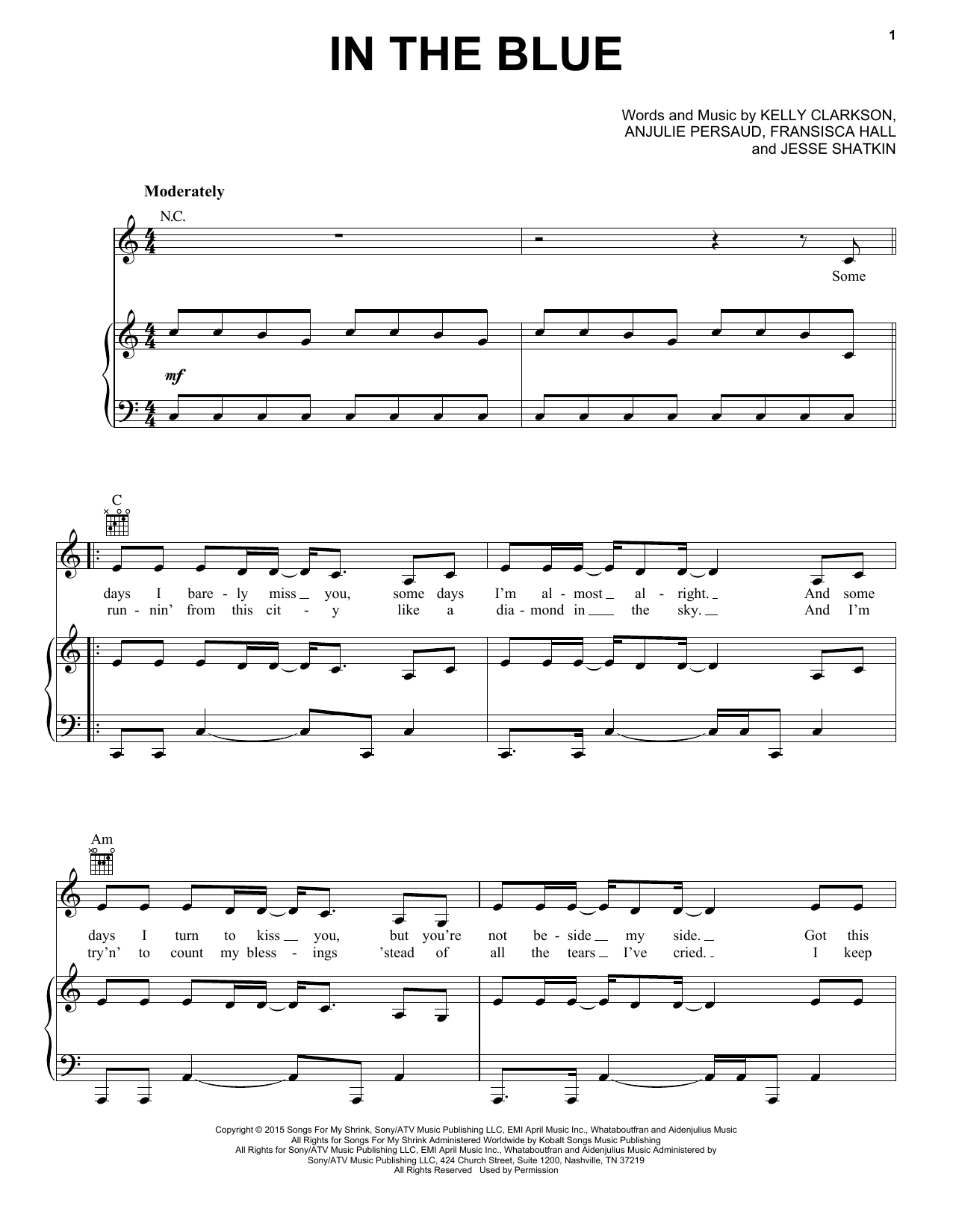 Kelly Clarkson In The Blue Sheet Music Notes & Chords for Piano, Vocal & Guitar (Right-Hand Melody) - Download or Print PDF