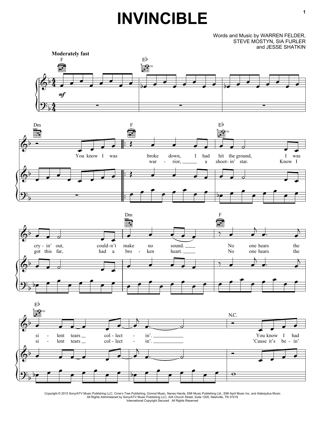 Kelly Clarkson Invincible Sheet Music Notes & Chords for Lyrics & Chords - Download or Print PDF