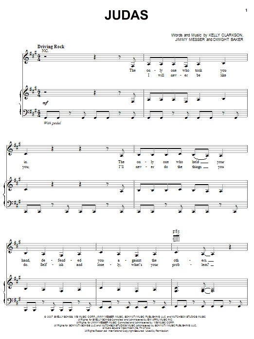 Kelly Clarkson Judas Sheet Music Notes & Chords for Piano, Vocal & Guitar (Right-Hand Melody) - Download or Print PDF