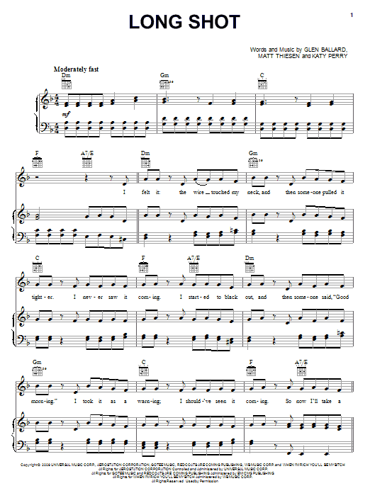 Kelly Clarkson Long Shot Sheet Music Notes & Chords for Piano, Vocal & Guitar (Right-Hand Melody) - Download or Print PDF