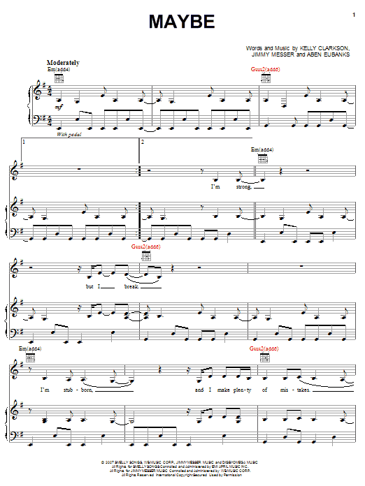 Kelly Clarkson Maybe Sheet Music Notes & Chords for Piano, Vocal & Guitar (Right-Hand Melody) - Download or Print PDF