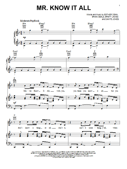 Kelly Clarkson Mr. Know It All Sheet Music Notes & Chords for Easy Piano - Download or Print PDF