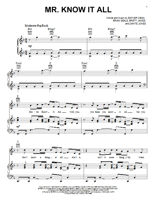 Kelly Clarkson Mr. Know It All Sheet Music Notes & Chords for Piano, Vocal & Guitar (Right-Hand Melody) - Download or Print PDF