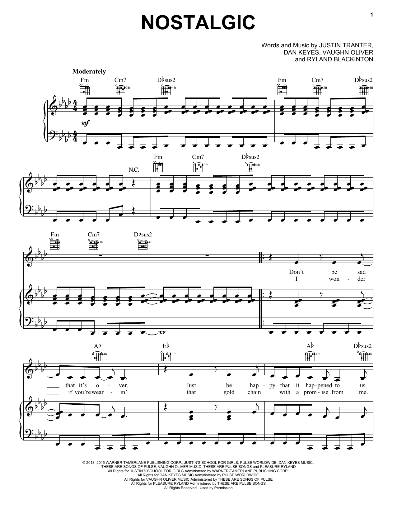 Kelly Clarkson Nostalgic Sheet Music Notes & Chords for Piano, Vocal & Guitar (Right-Hand Melody) - Download or Print PDF