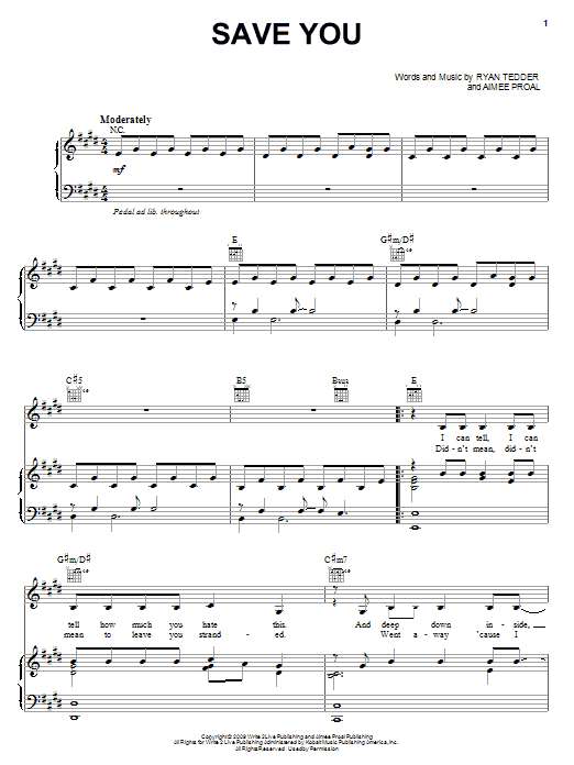 Kelly Clarkson Save You Sheet Music Notes & Chords for Piano, Vocal & Guitar (Right-Hand Melody) - Download or Print PDF