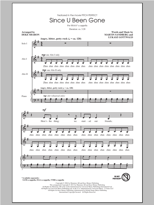Kelly Clarkson Since U Been Gone (as performed in Pitch Perfect) (arr. Deke Sharon) Sheet Music Notes & Chords for TTBB - Download or Print PDF