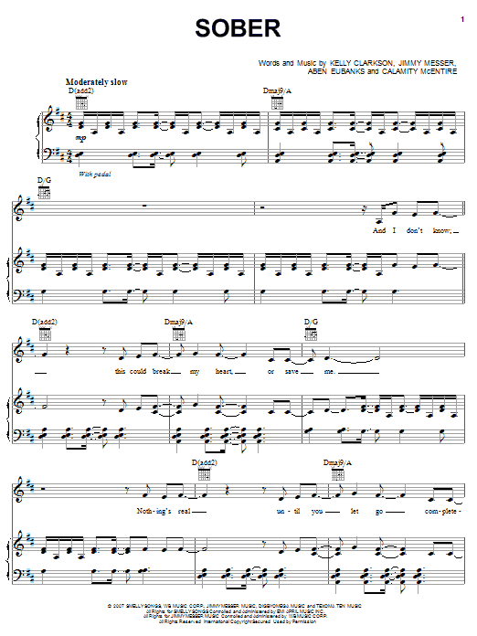 Kelly Clarkson Sober Sheet Music Notes & Chords for Piano, Vocal & Guitar (Right-Hand Melody) - Download or Print PDF