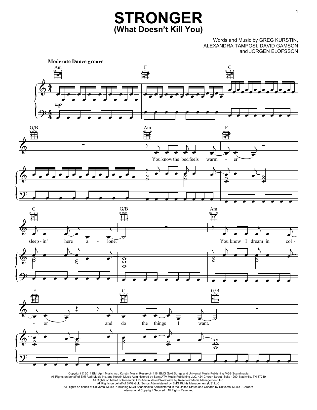 Kelly Clarkson Stronger (What Doesn't Kill You) Sheet Music Notes & Chords for Piano, Vocal & Guitar (Right-Hand Melody) - Download or Print PDF