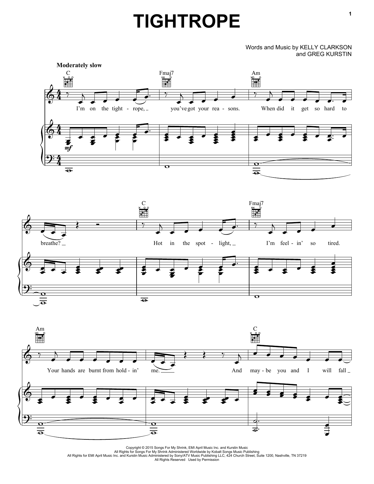 Kelly Clarkson Tightrope Sheet Music Notes & Chords for Piano, Vocal & Guitar (Right-Hand Melody) - Download or Print PDF