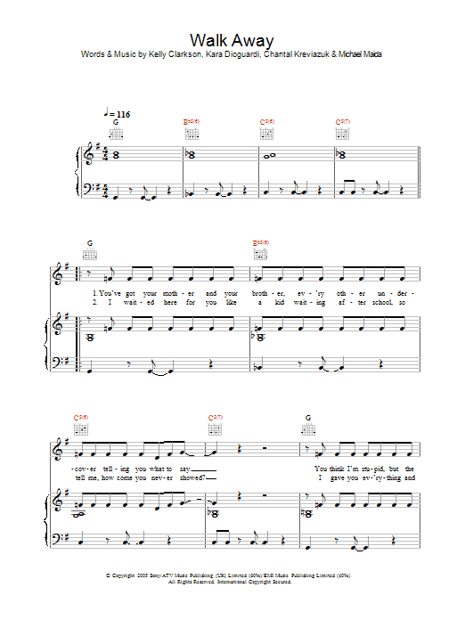 Kelly Clarkson Walk Away Sheet Music Notes & Chords for Piano, Vocal & Guitar (Right-Hand Melody) - Download or Print PDF