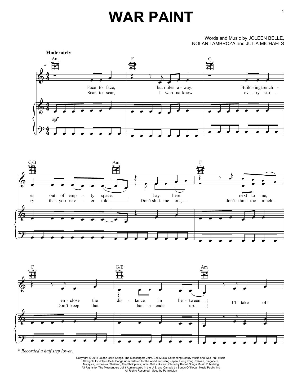 Kelly Clarkson War Paint Sheet Music Notes & Chords for Piano, Vocal & Guitar (Right-Hand Melody) - Download or Print PDF