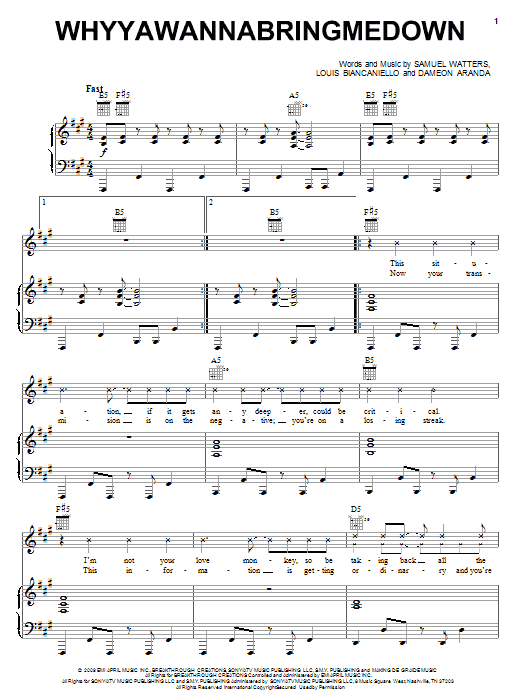 Kelly Clarkson Whyyawannabringmedown Sheet Music Notes & Chords for Piano, Vocal & Guitar (Right-Hand Melody) - Download or Print PDF