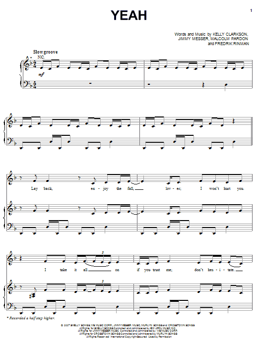 Kelly Clarkson Yeah Sheet Music Notes & Chords for Piano, Vocal & Guitar (Right-Hand Melody) - Download or Print PDF