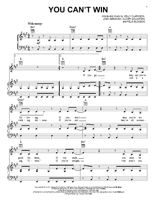 Kelly Clarkson You Can't Win Sheet Music Notes & Chords for Piano, Vocal & Guitar (Right-Hand Melody) - Download or Print PDF