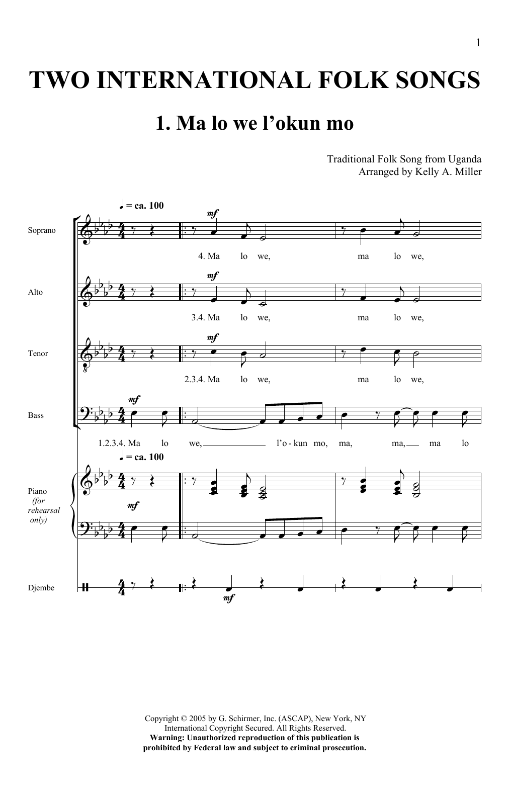 Kelly Miller Two International Folk Songs Sheet Music Notes & Chords for SATB - Download or Print PDF