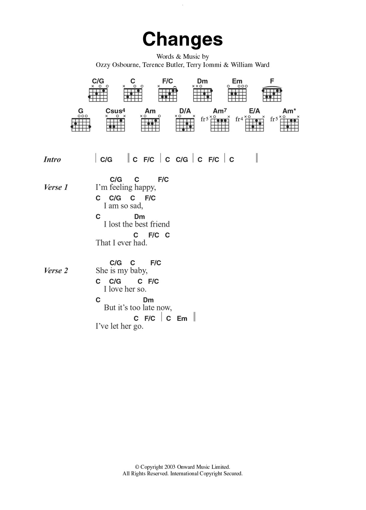 Ozzy Osbourne Changes Sheet Music Notes & Chords for Guitar Chords/Lyrics - Download or Print PDF