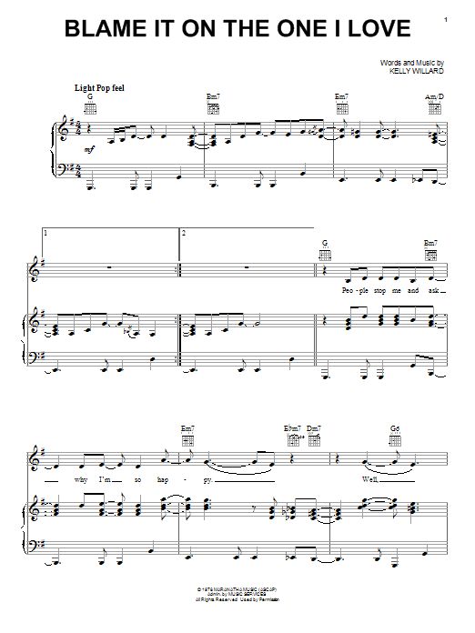 Kelly Willard Blame It On The One I Love Sheet Music Notes & Chords for Piano, Vocal & Guitar (Right-Hand Melody) - Download or Print PDF